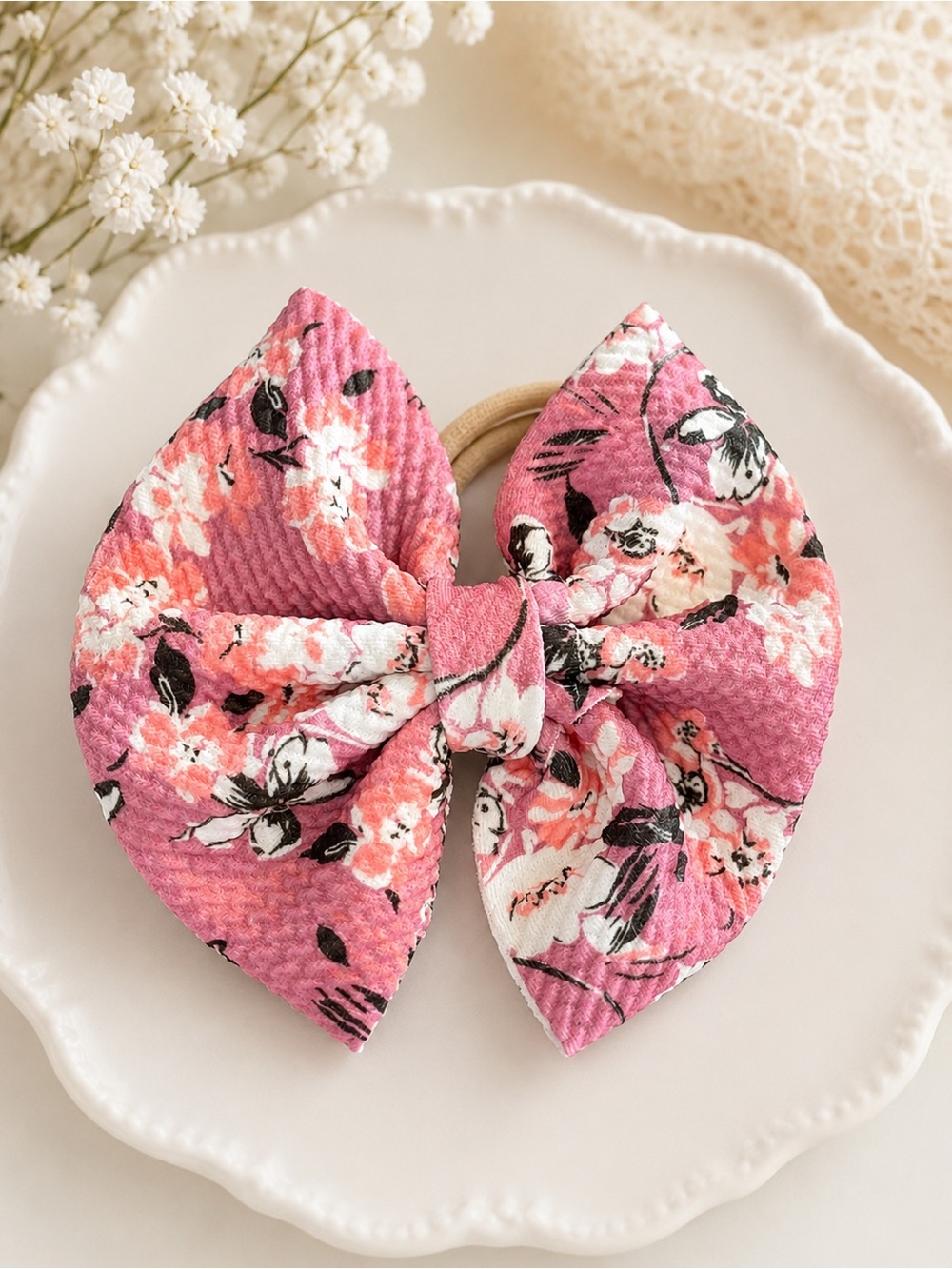 Pink Floral Bow Hair Tie for Kids